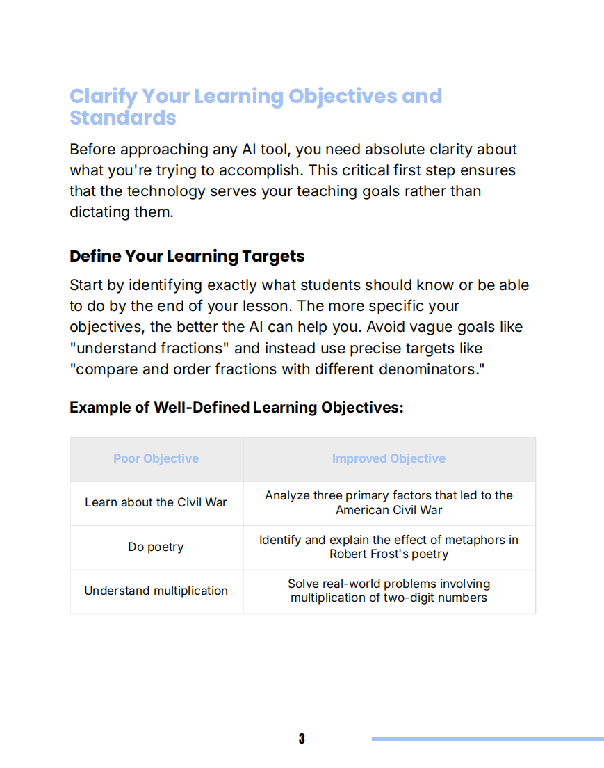 First page showing how to clarify learning objectives and standards