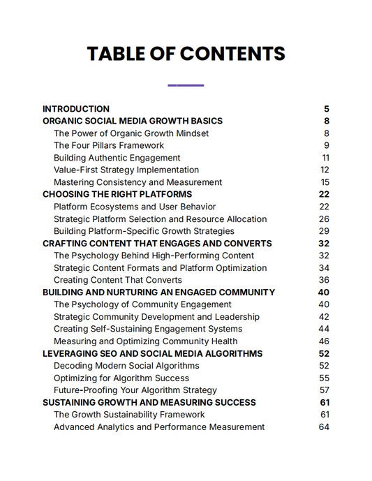 Table of contents for social media growth strategy ebook