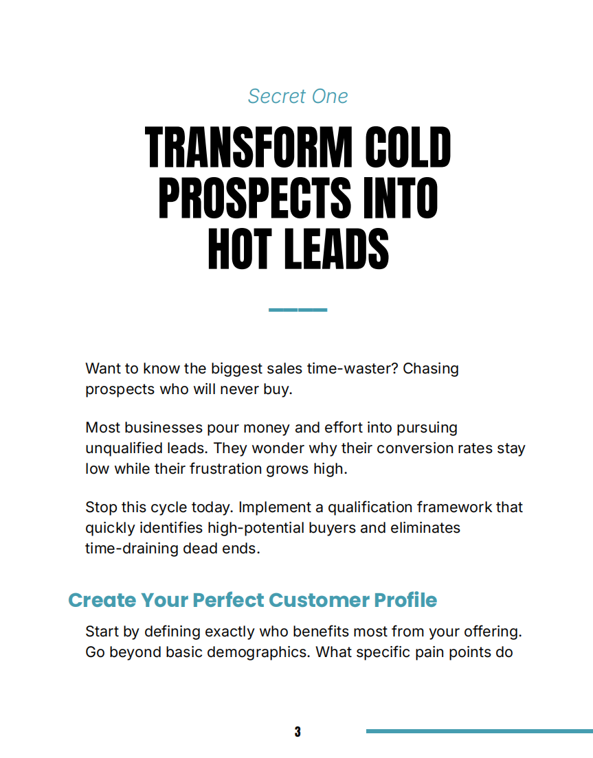 Page showing Secret #1: Qualify Leads Like a Pro — transform cold prospects into hot leads