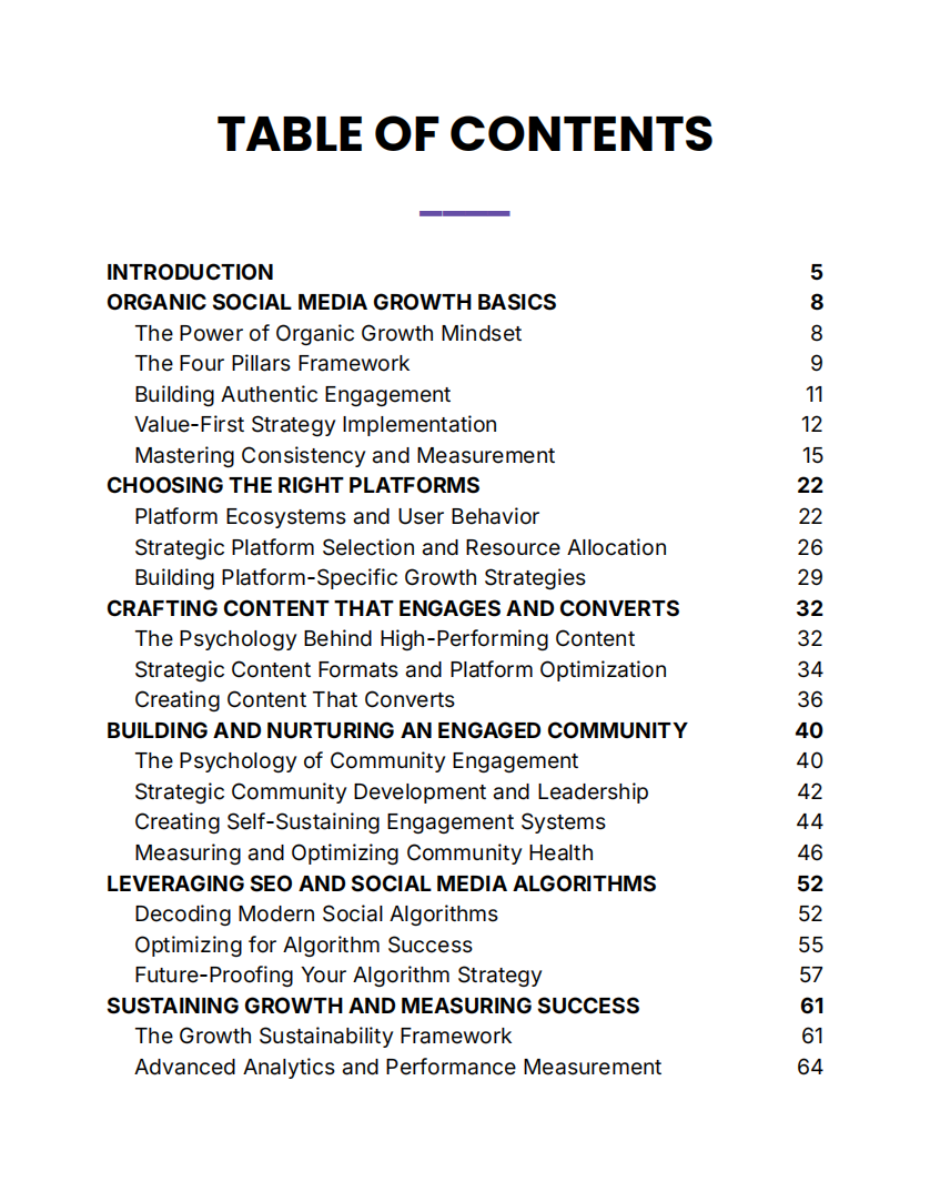 Table of contents for social media growth strategy ebook