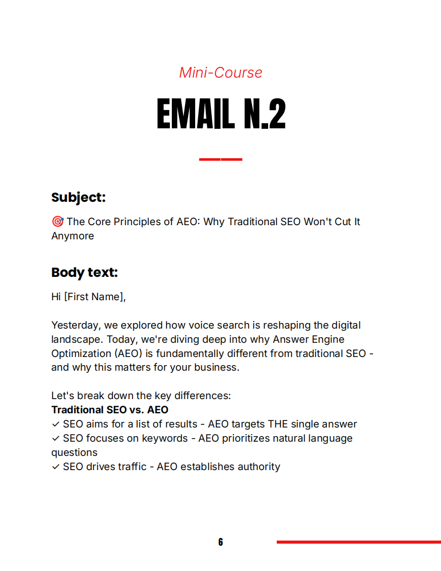 Email lesson on the core principles of Answer Engine Optimization — practical AEO strategies for voice and AI search.