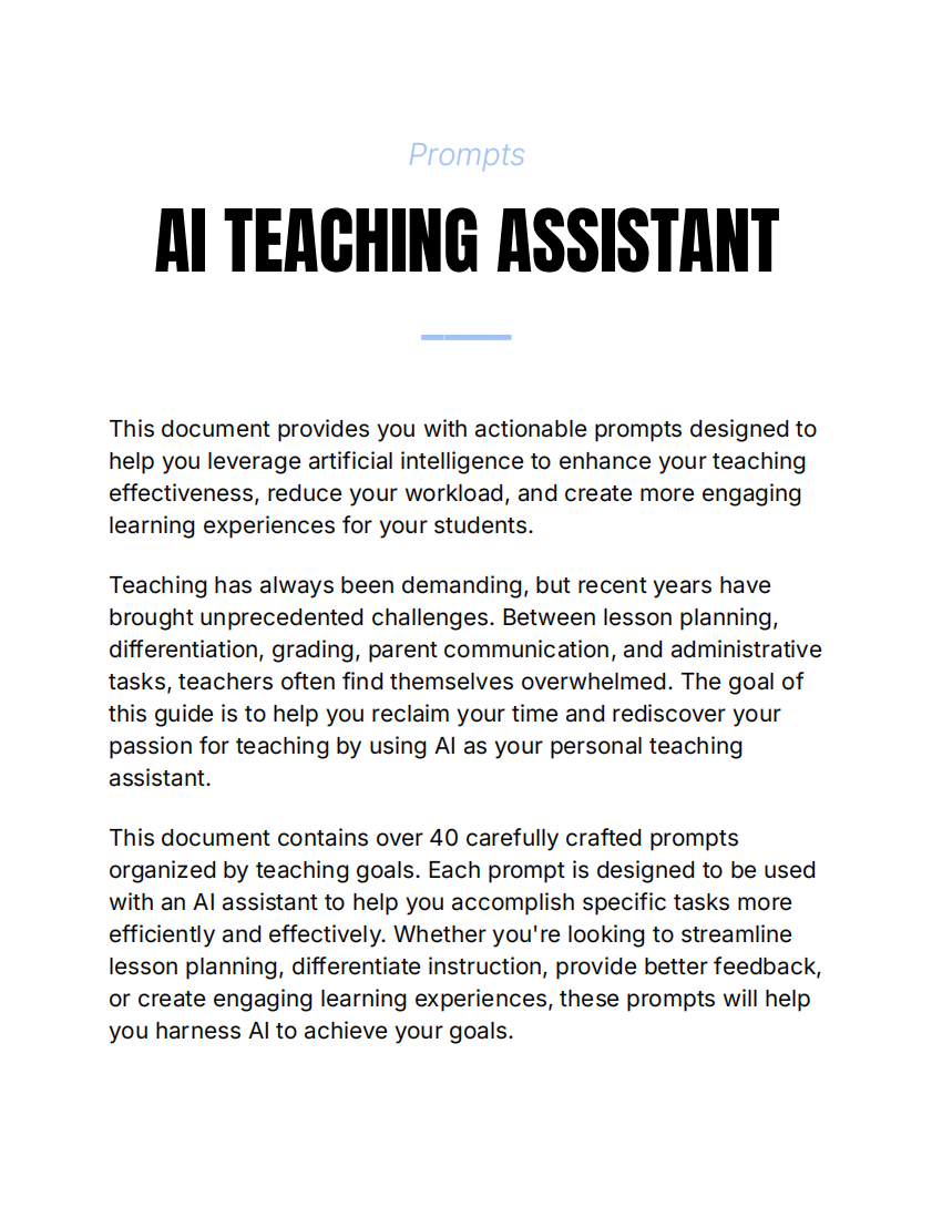 First page preview of AI classroom assistant prompt pack