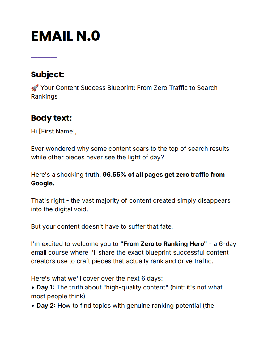 Example of Email 0 lesson from the SEO email course
