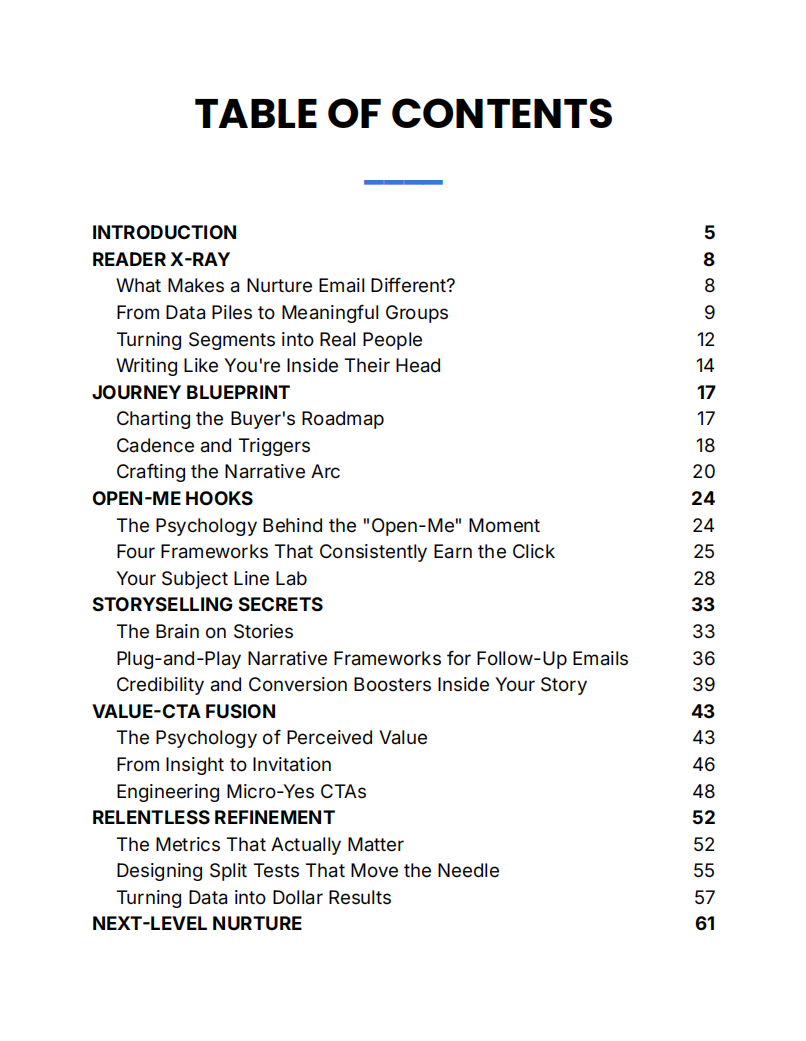 Table of contents preview showing chapters and sections for email nurture strategies.