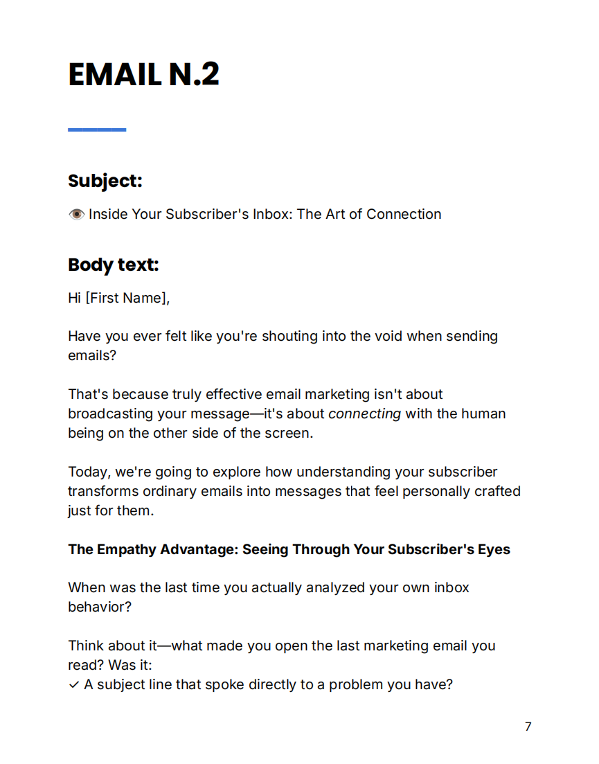 Screenshot of email subject line and message from course example