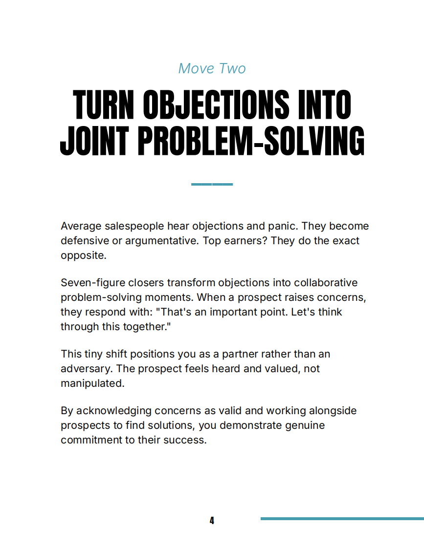 Page showing Move 2: The Sharp Angle Close — turn objections into joint problem-solving