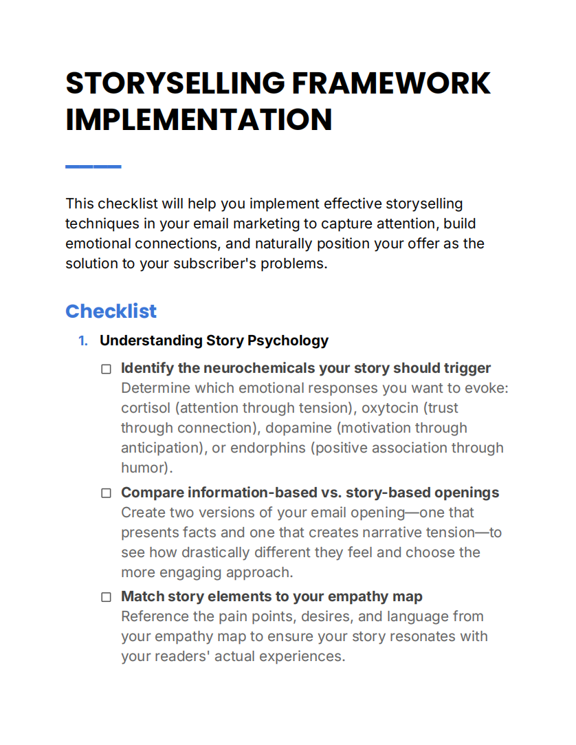 First page showing storytelling framework implementation — Step 1: Understanding story psychology for effective email marketing.